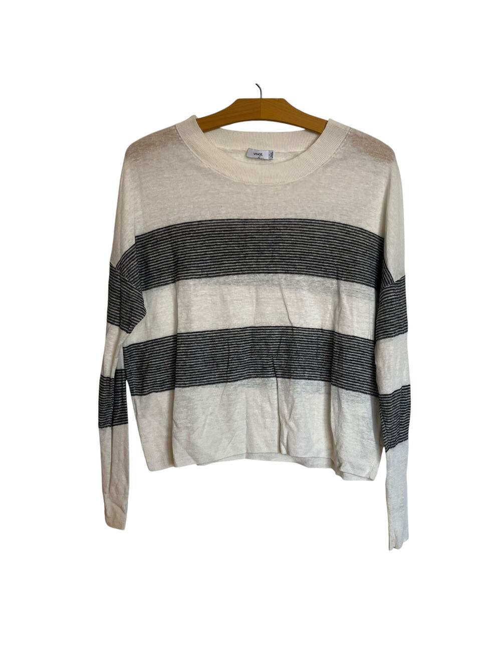 Vince Black Stripe Pullover White Linen Sweater Top Relaxed Lightweight Size S